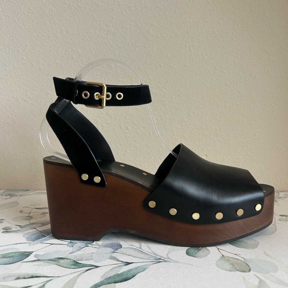 Madewell Black Leather Platform Clogs with Gold Studs